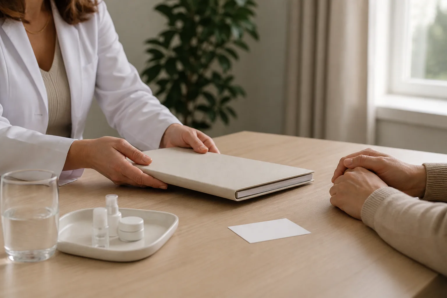 A clinician’s and visitor’s hands beside a closed medical folder, a glass of water and unlabelled containers in a naturally lit consultation room.